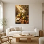Pear Green & Terracotta Fruit Kitchen Wall Art Canvas Print styled in a refined neutral interior