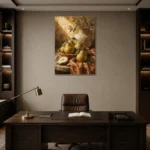 Pear Green & Terracotta Fruit Kitchen Wall Art Canvas Print displayed in a contemporary gallery-inspired room