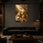Pear Green & Terracotta Fruit Kitchen Wall Art Canvas Print shown in a warm modern interior