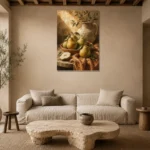 Pear Green & Terracotta Fruit Kitchen Wall Art Canvas Print presented in a sophisticated home setting