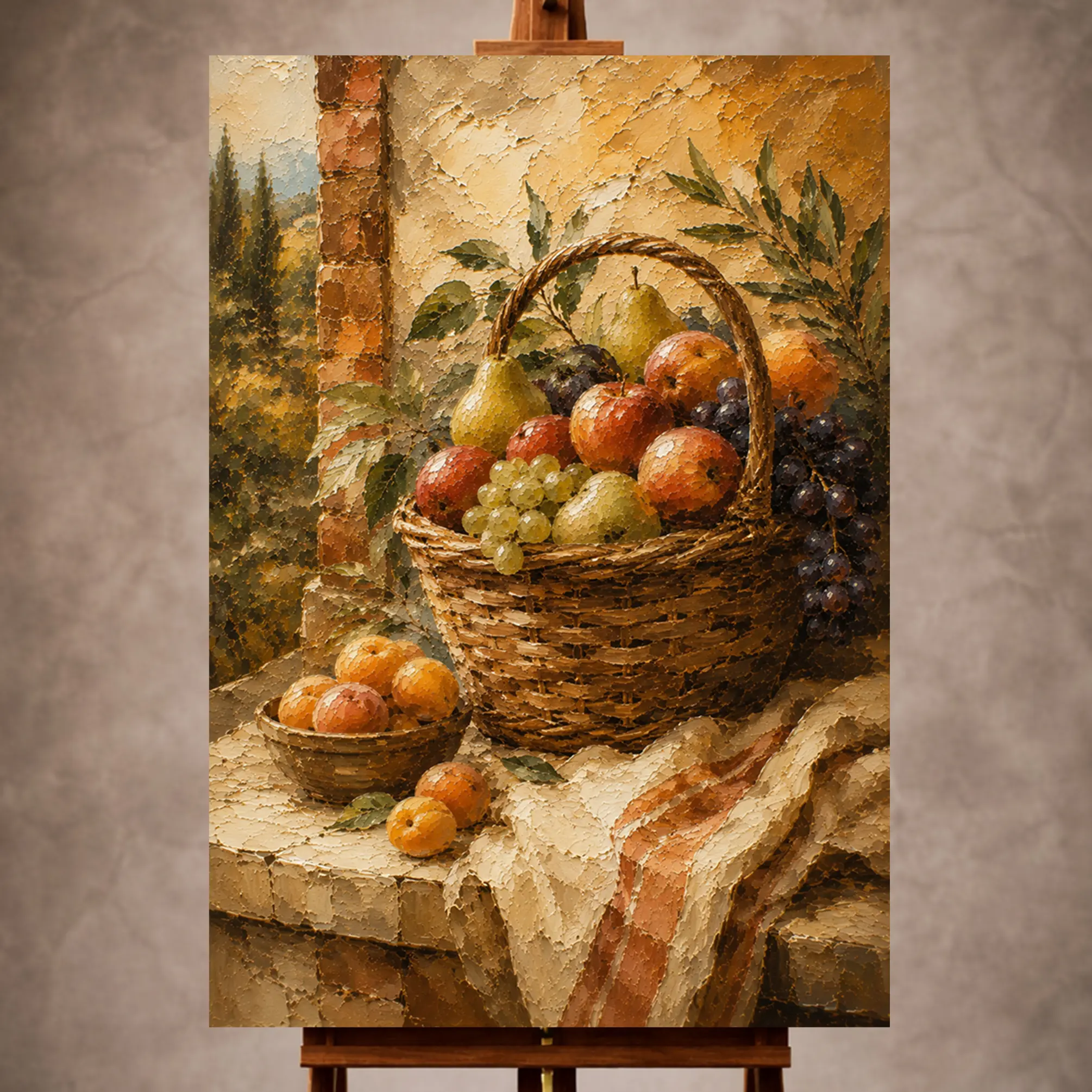 Premium Wall Art Dikey Html Edition – KITCHENWALL039 Image 1 Ochre and apricot Fruit Kitchen Wall Art print for elegant interiors. No text or watermarks in design.
