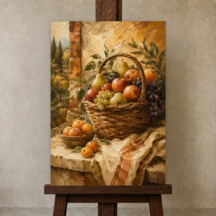 Ochre & Apricot Basket Fruit Kitchen Wall Art Canvas Print shown in Studio Easel