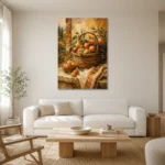Ochre & Apricot Basket Fruit Kitchen Wall Art Canvas Print styled in a refined neutral interior
