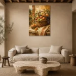 Ochre & Apricot Basket Fruit Kitchen Wall Art Canvas Print presented in a sophisticated home setting