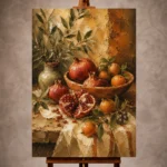 Burnished ochre and pomegranate red Fruit Kitchen Wall Art print for elegant interiors. No text or watermarks in design.
