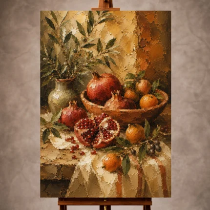 Burnished ochre and pomegranate red Fruit Kitchen Wall Art print for elegant interiors. No text or watermarks in design.