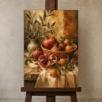 Burnished Ochre Pomegranate Fruit Kitchen Wall Art Canvas Print displayed on a studio easel