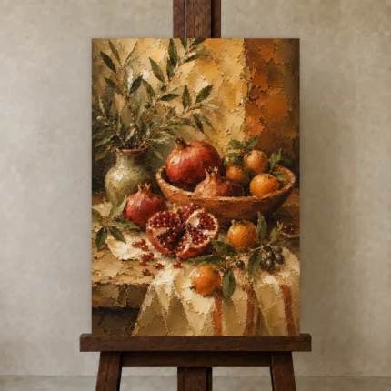 Burnished Ochre Pomegranate Fruit Kitchen Wall Art Canvas Print shown in Studio Easel