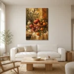 Burnished Ochre Pomegranate Fruit Kitchen Wall Art Canvas Print styled in a refined neutral interior