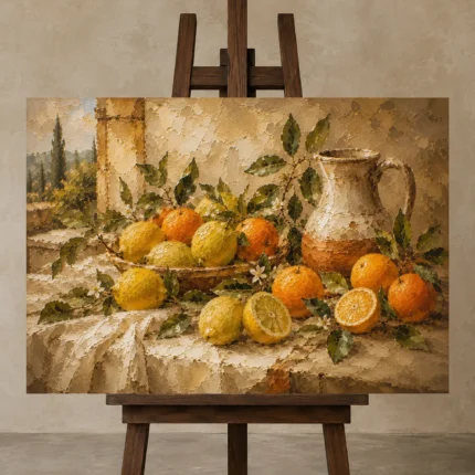 Ochre & Muted Gold Citrus Fruit Kitchen Wall Art Canvas Print displayed on a studio easel