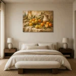 Ochre & Muted Gold Citrus Fruit Kitchen Wall Art Canvas Print showcased in an elegant minimalist interior