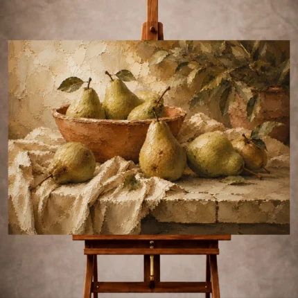 Sage green and terracotta Fruit Kitchen Wall Art print for elegant interiors. No text or watermarks in design.