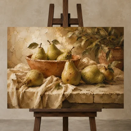 Sage Green & Terracotta Pear Fruit Kitchen Wall Art Canvas Print displayed on a studio easel