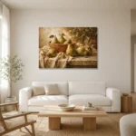 Sage Green & Terracotta Pear Fruit Kitchen Wall Art Canvas Print styled in a refined neutral interior
