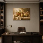 Sage Green & Terracotta Pear Fruit Kitchen Wall Art Canvas Print displayed in a contemporary gallery-inspired room