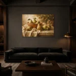 Sage Green & Terracotta Pear Fruit Kitchen Wall Art Canvas Print shown in a warm modern interior