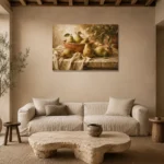 Sage Green & Terracotta Pear Fruit Kitchen Wall Art Canvas Print presented in a sophisticated home setting