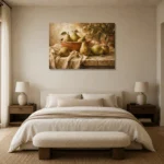 Sage Green & Terracotta Pear Fruit Kitchen Wall Art Canvas Print showcased in an elegant minimalist interior