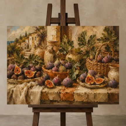 Fig Purple & Olive Mediterranean Fruit Kitchen Wall Art Canvas Print shown in Studio Easel