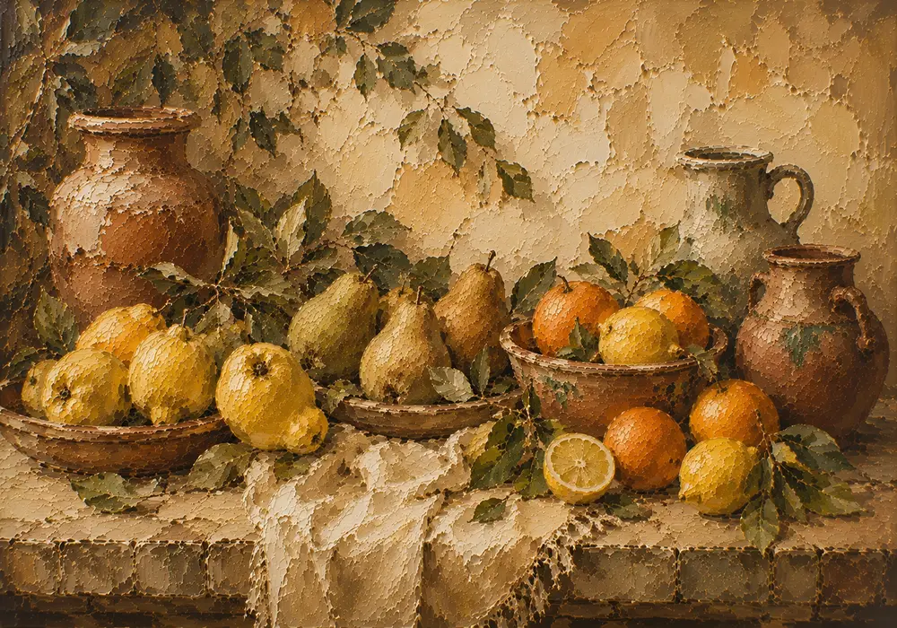 Ochre & Moss Green Harvest Fruit Kitchen Wall Art Canvas Print