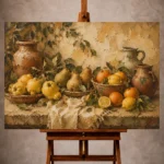Ochre and moss green Fruit Kitchen Wall Art print for elegant interiors. No text or watermarks in design.