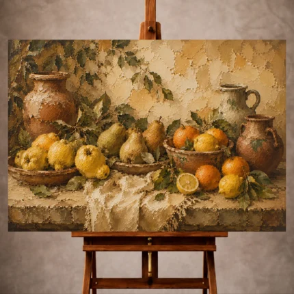 Ochre and moss green Fruit Kitchen Wall Art print for elegant interiors. No text or watermarks in design.