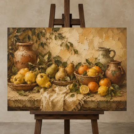 Ochre & Moss Green Harvest Fruit Kitchen Wall Art Canvas Print displayed on a studio easel
