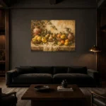 Ochre & Moss Green Harvest Fruit Kitchen Wall Art Canvas Print shown in a warm modern interior
