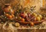 Ochre & Muted Crimson Pomegranate Fruit Kitchen Wall Art Canvas Print