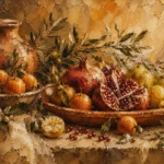 Ochre & Muted Crimson Pomegranate Fruit Kitchen Wall Art Canvas Print