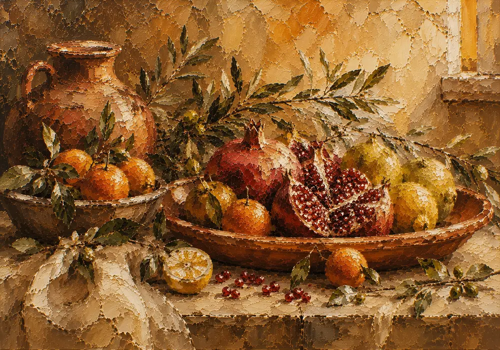 Ochre & Muted Crimson Pomegranate Fruit Kitchen Wall Art Canvas Print