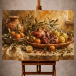 Ochre and muted crimson Fruit Kitchen Wall Art print for elegant interiors. No text or watermarks in design.