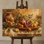Ochre & Muted Crimson Pomegranate Fruit Kitchen Wall Art Canvas Print displayed on a studio easel