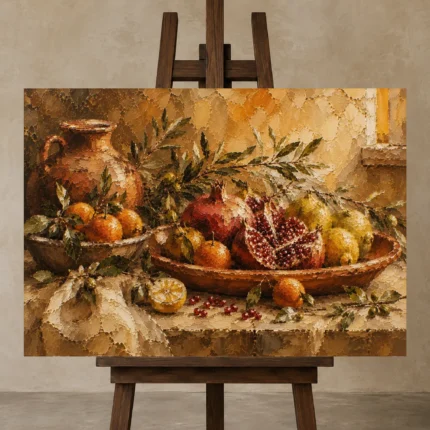 Ochre & Muted Crimson Pomegranate Fruit Kitchen Wall Art Canvas Print displayed on a studio easel