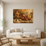 Ochre & Muted Crimson Pomegranate Fruit Kitchen Wall Art Canvas Print styled in a refined neutral interior
