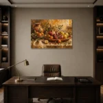 Ochre & Muted Crimson Pomegranate Fruit Kitchen Wall Art Canvas Print displayed in a contemporary gallery-inspired room