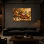 Ochre & Muted Crimson Pomegranate Fruit Kitchen Wall Art Canvas Print shown in a warm modern interior