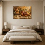 Ochre & Muted Crimson Pomegranate Fruit Kitchen Wall Art Canvas Print showcased in an elegant minimalist interior