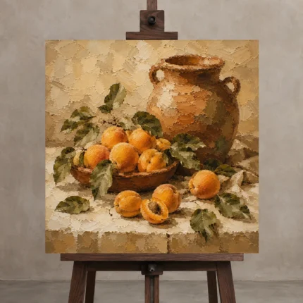 Ochre & Terracotta Apricot Fruit Kitchen Wall Art Canvas Print displayed on a studio easel
