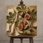 Deep Fig & Olive Green Fruit Kitchen Wall Art Canvas Print displayed on a studio easel