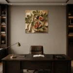 Deep Fig & Olive Green Fruit Kitchen Wall Art Canvas Print displayed in a contemporary gallery-inspired room