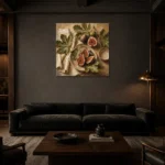 Deep Fig & Olive Green Fruit Kitchen Wall Art Canvas Print shown in a warm modern interior