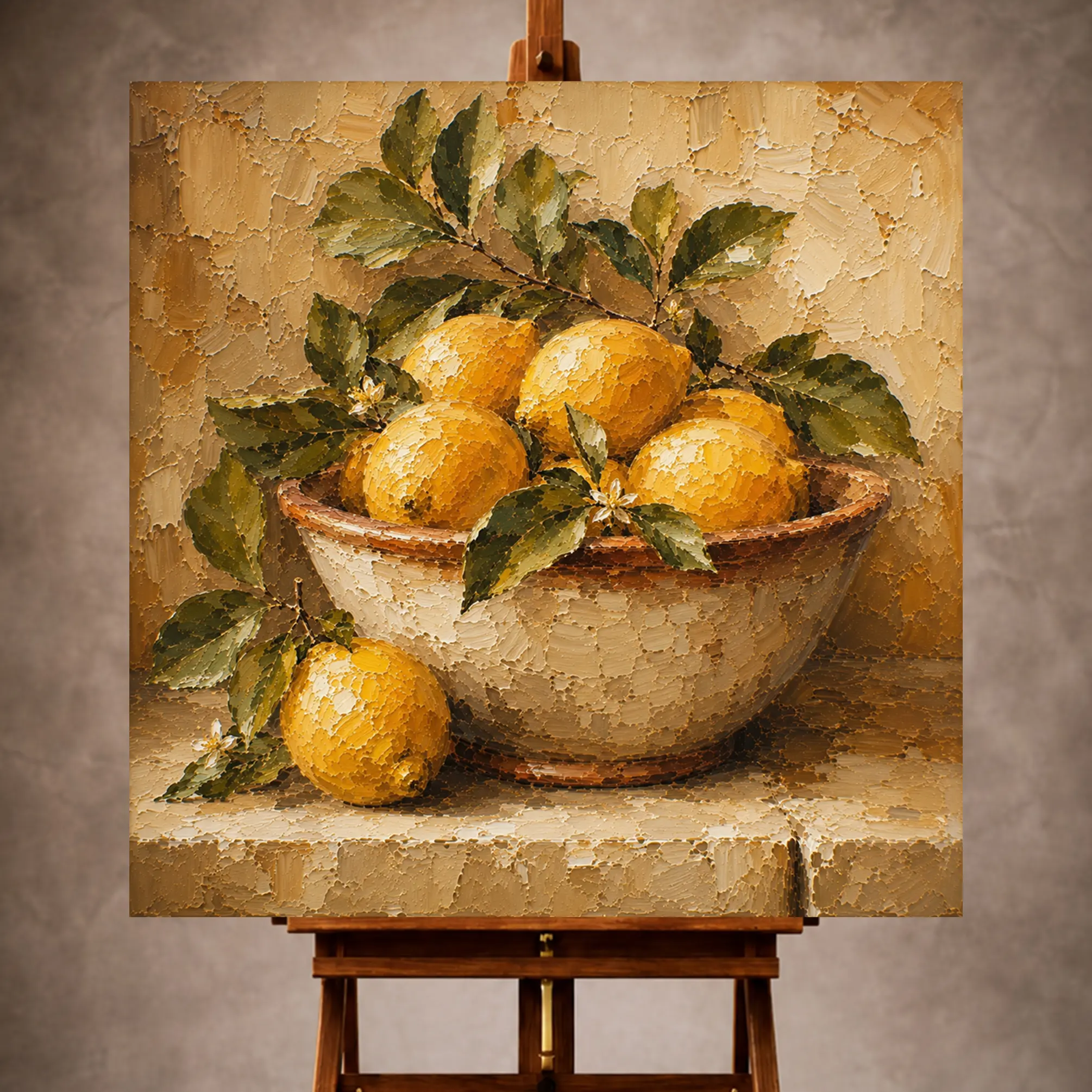 Premium Wall Art Kare Html Edition – KITCHENWALL048 Image 1 Golden ochre and fresh green Fruit Kitchen Wall Art print for elegant interiors. No text or watermarks in design.