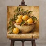 Golden Ochre Citrus Fruit Kitchen Wall Art Canvas Print displayed on a studio easel