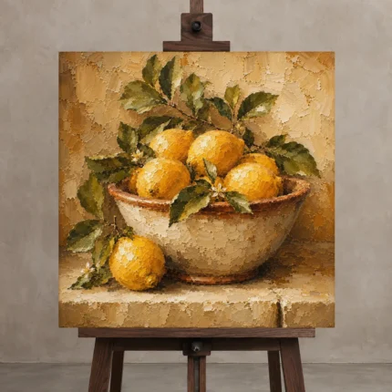 Golden Ochre Citrus Fruit Kitchen Wall Art Canvas Print shown in Studio Easel
