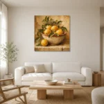 Golden Ochre Citrus Fruit Kitchen Wall Art Canvas Print styled in a refined neutral interior