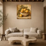 Golden Ochre Citrus Fruit Kitchen Wall Art Canvas Print presented in a sophisticated home setting