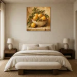 Golden Ochre Citrus Fruit Kitchen Wall Art Canvas Print showcased in an elegant minimalist interior