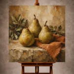 Pear green and terracotta Fruit Kitchen Wall Art print for elegant interiors. No text or watermarks in design.