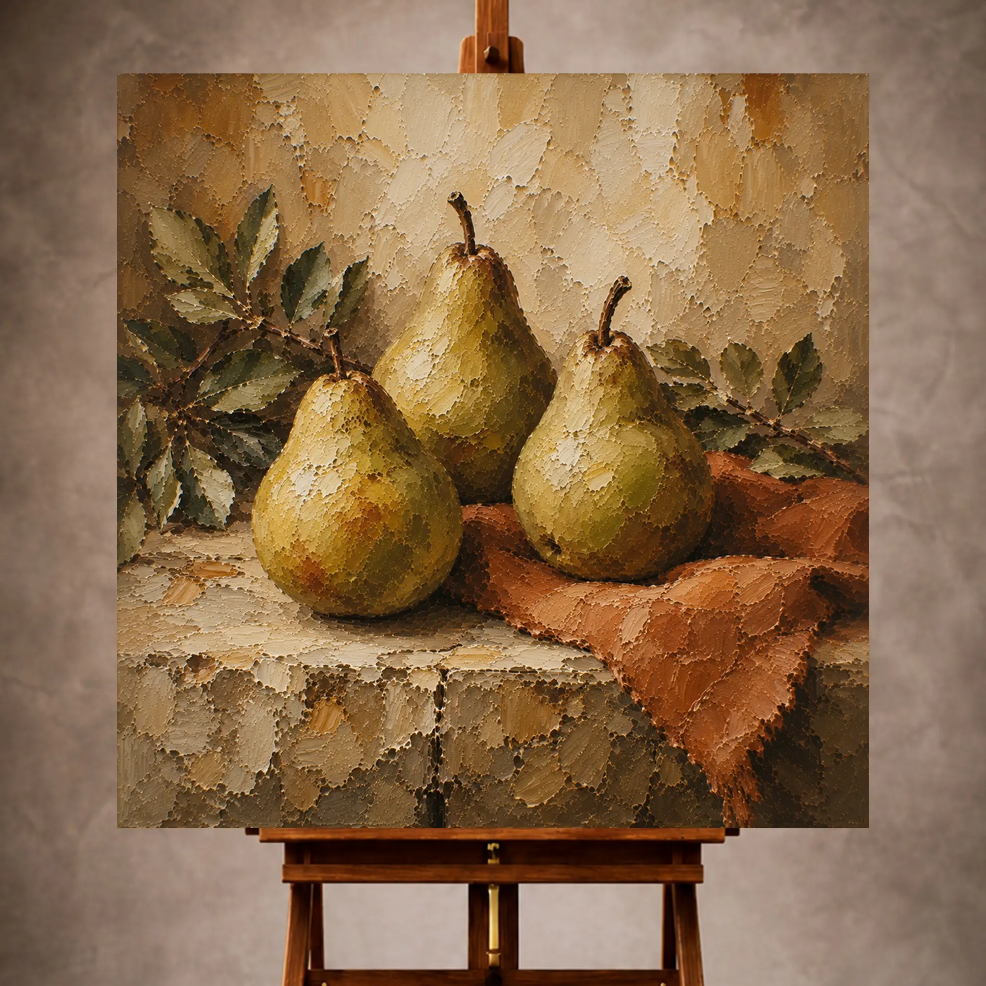 Premium Wall Art Kare Html Edition – KITCHENWALL049 Image 1 Pear green and terracotta Fruit Kitchen Wall Art print for elegant interiors. No text or watermarks in design.